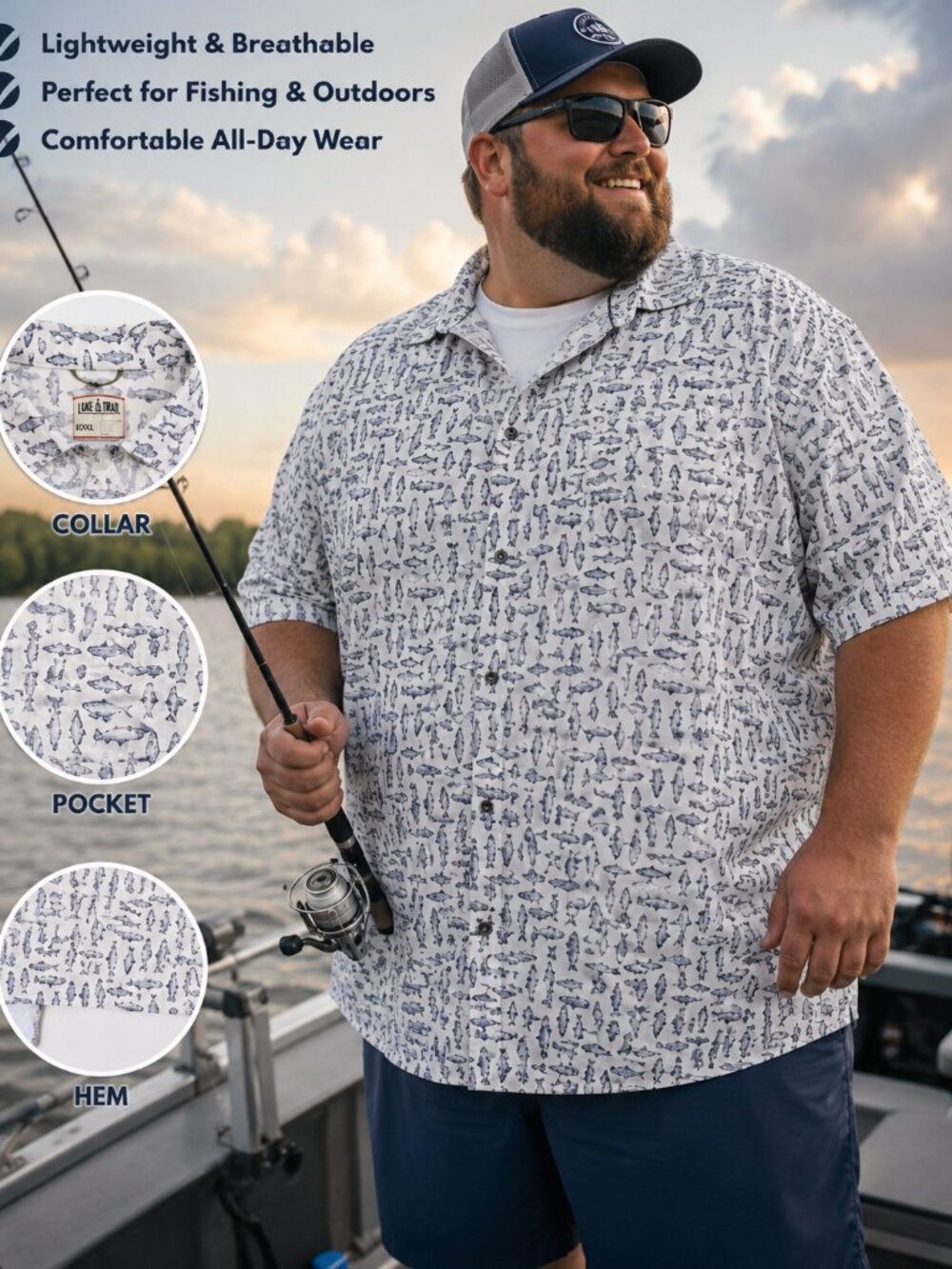 Lake And Trail Button Up Short Sleeve Fish Print Men’s S XXXL Hiking Fishing O